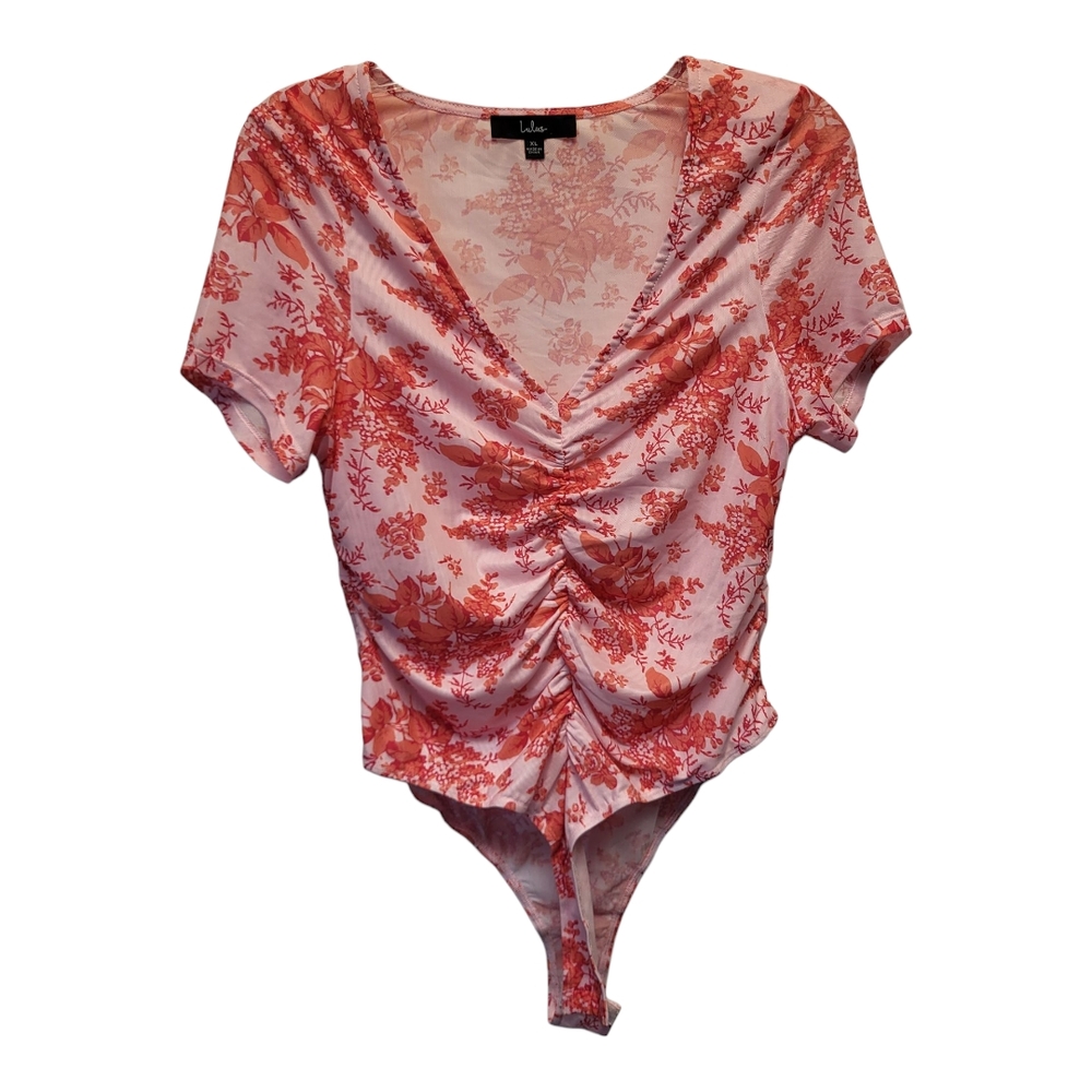 Lulus Pink Floral Ruched Fitted Short Sleeve Bodysuit - Size XL